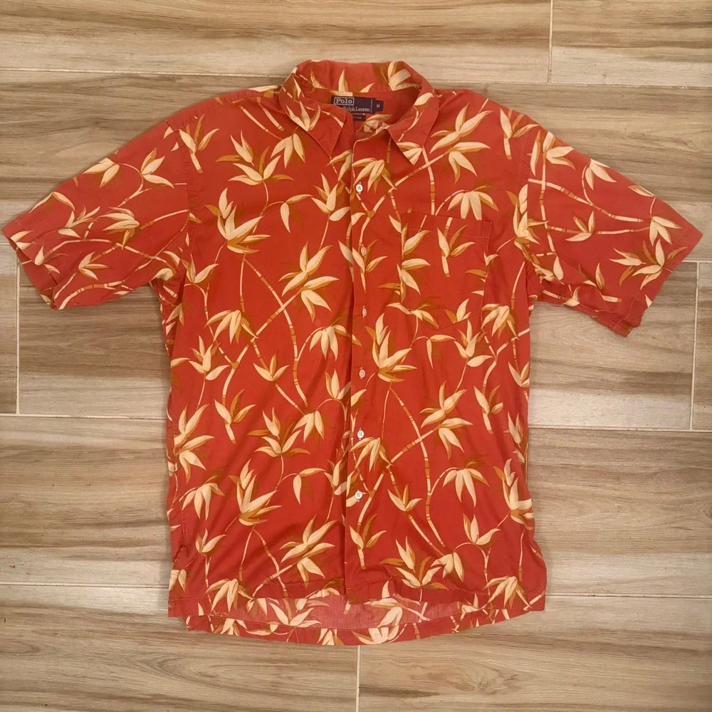 Polo Ralph Lauren Mens Medium Red Bamboo Tropical Print Cotton Button Down Shirt